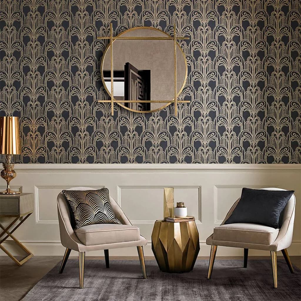 Elegant sitting room with a patterned damask feature wall